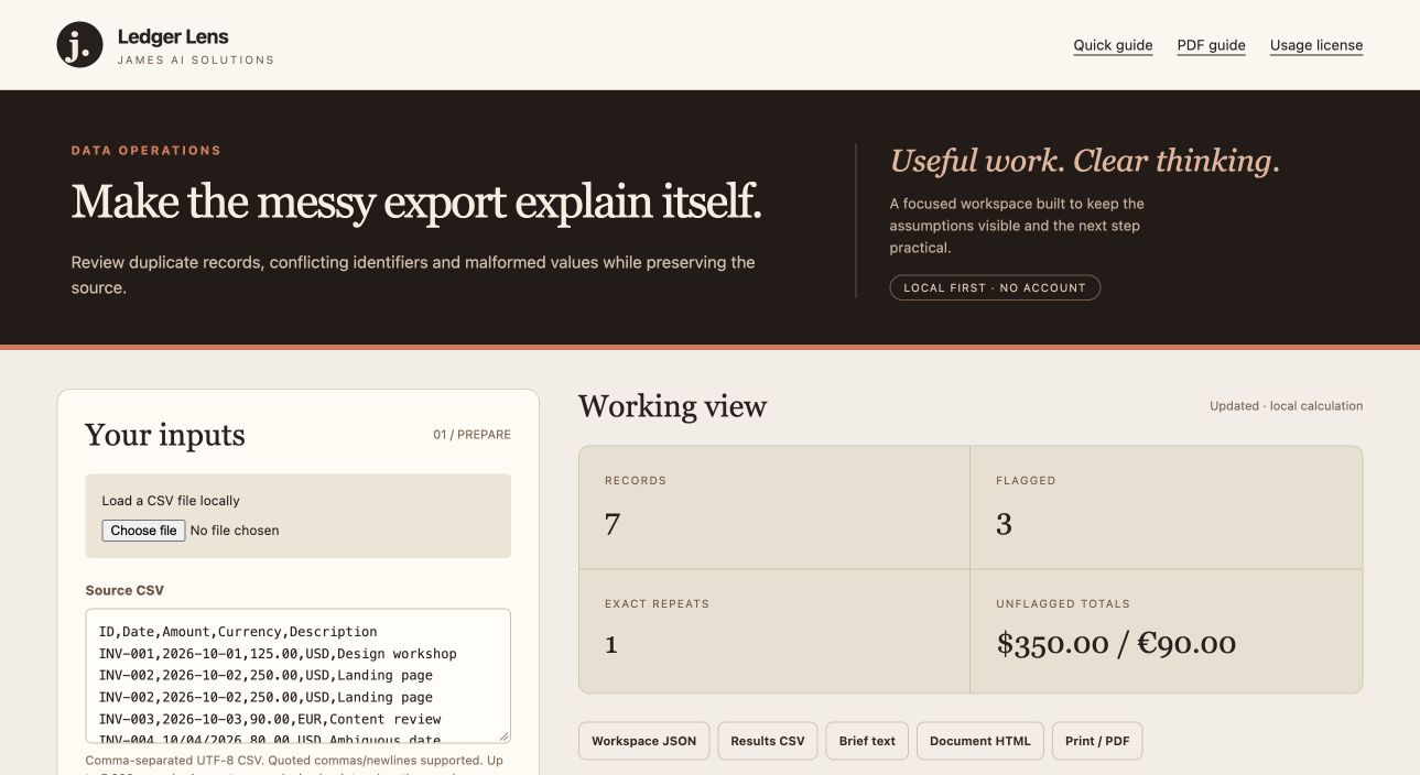 Ledger Lens actual sample workspace