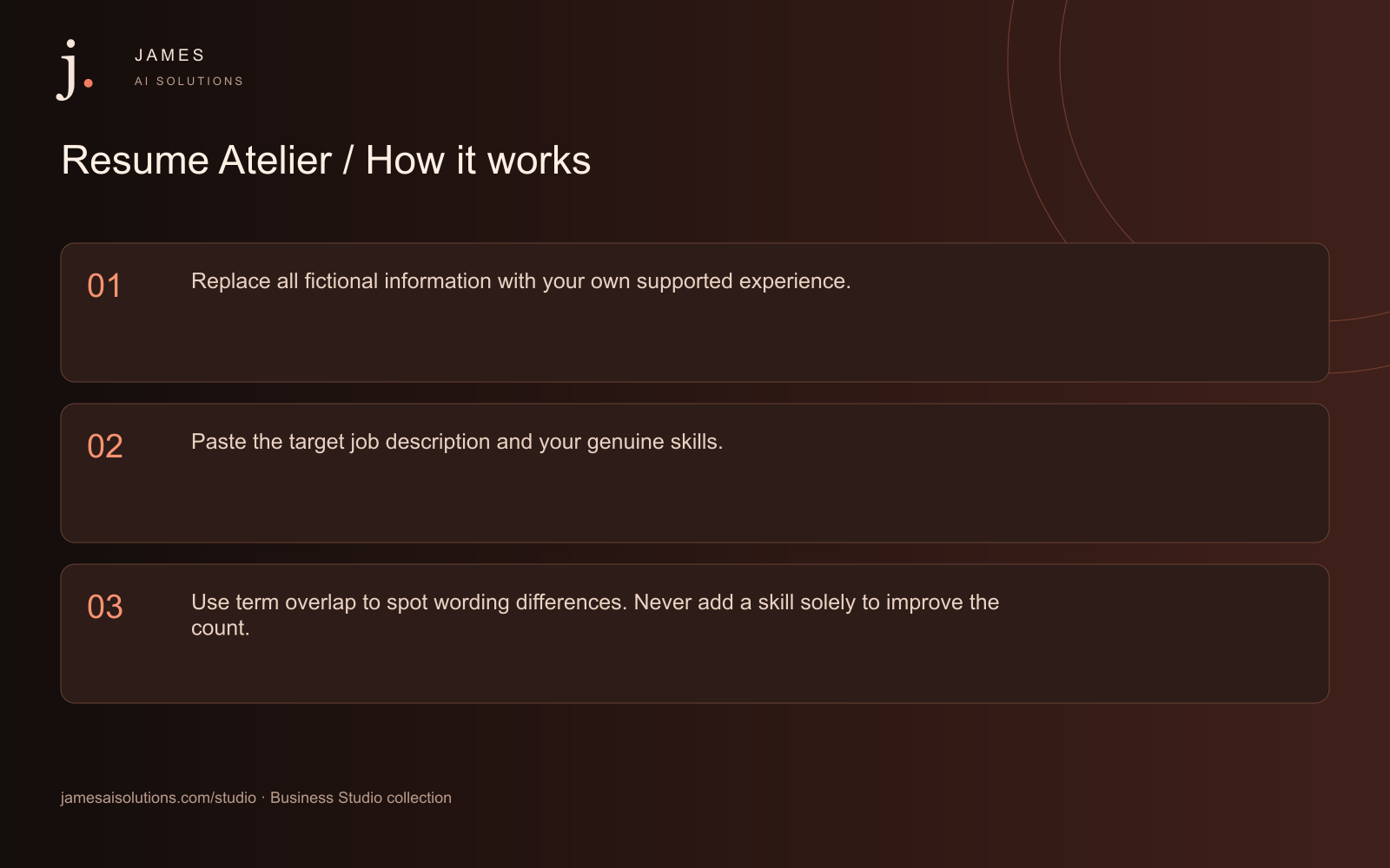 Resume Atelier workflow explained in three steps